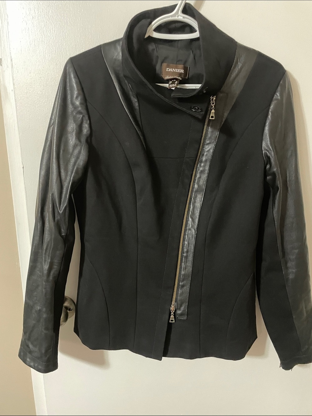 Danier Black Leather & Fabric Asymmetrical Zip Jacket Size Large
